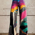 Multicolor boho wide-leg pants with denim waistband and graphic patchwork legs