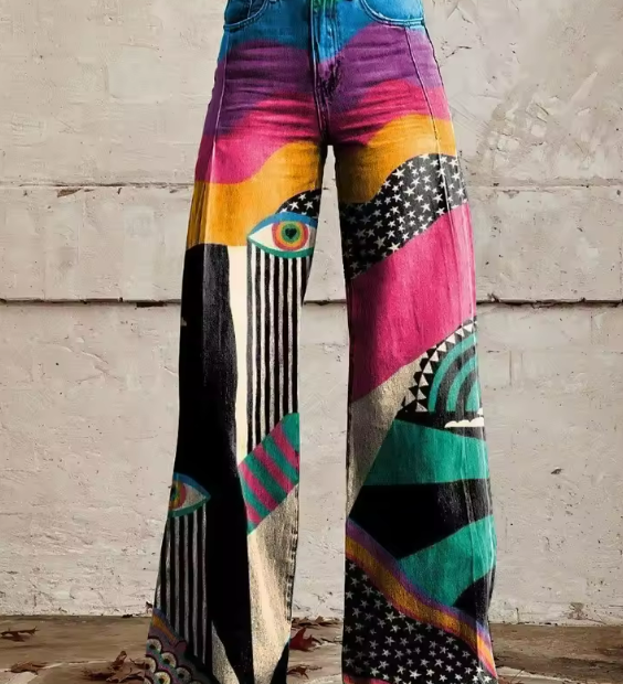 Multicolor boho wide-leg pants with denim waistband and graphic patchwork legs