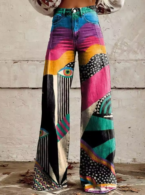 Multicolor boho wide-leg pants with denim waistband and graphic patchwork legs