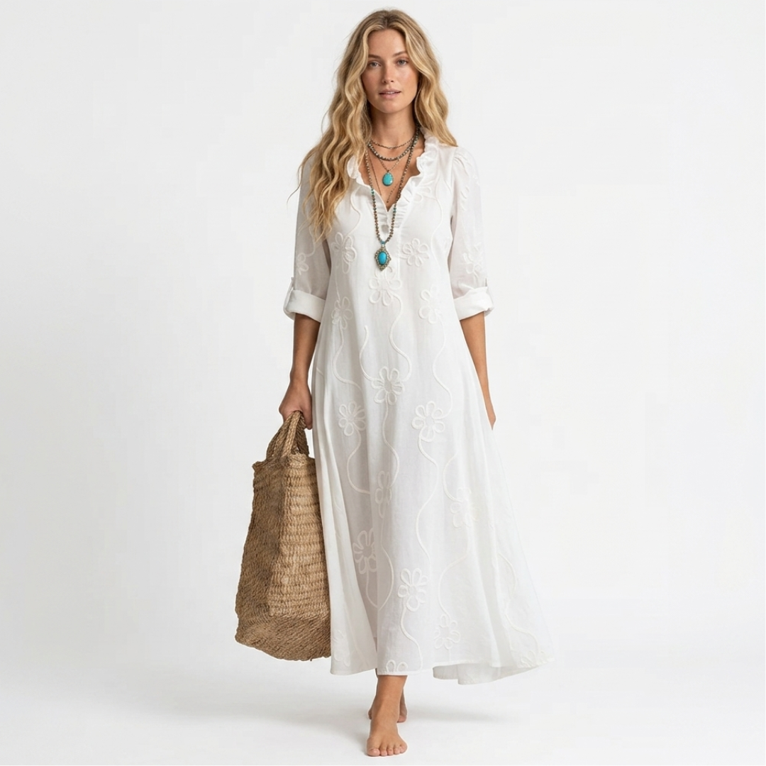 Long summer floral dress, white, V-neck, 3/4 sleeves, ankle length