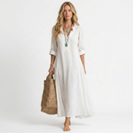 Long summer floral dress, white, V-neck, 3/4 sleeves, ankle length