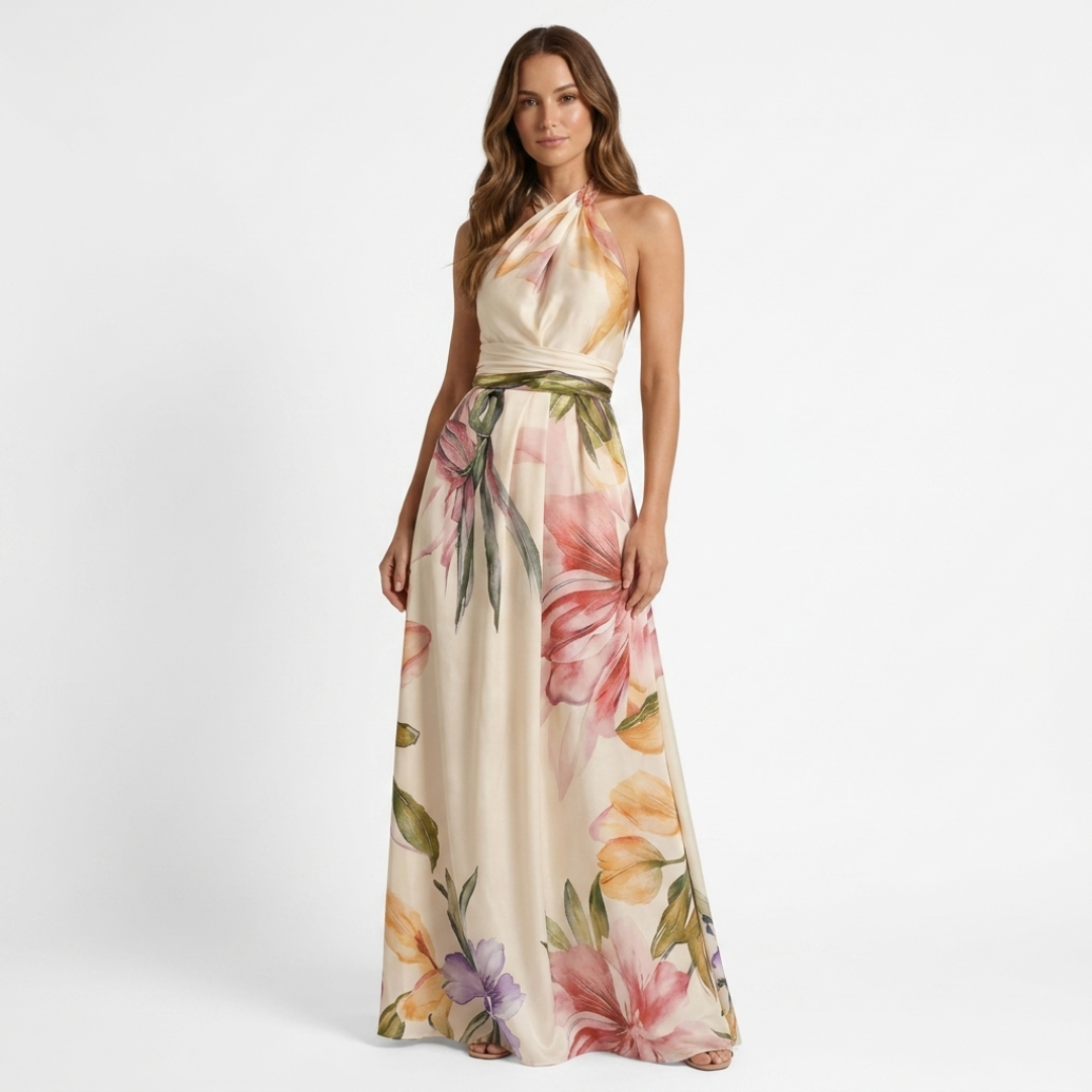 Anca halter neck floral maxi dress, pale base with pink and green print, tied waist