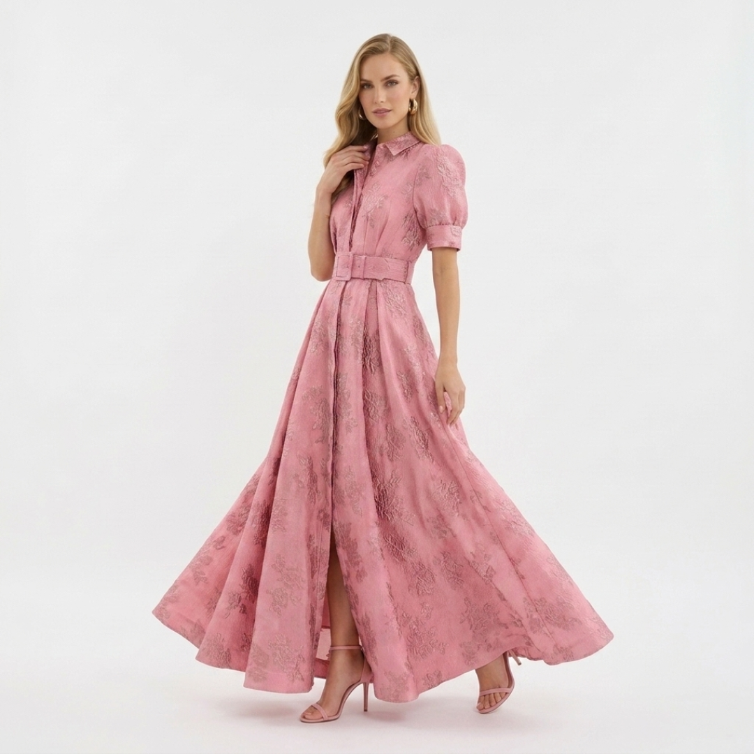 Pink puff-sleeve midi dress with buttoned collar, belted waist, full skirt