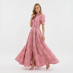 Pink puff-sleeve midi dress with buttoned collar, belted waist, full skirt