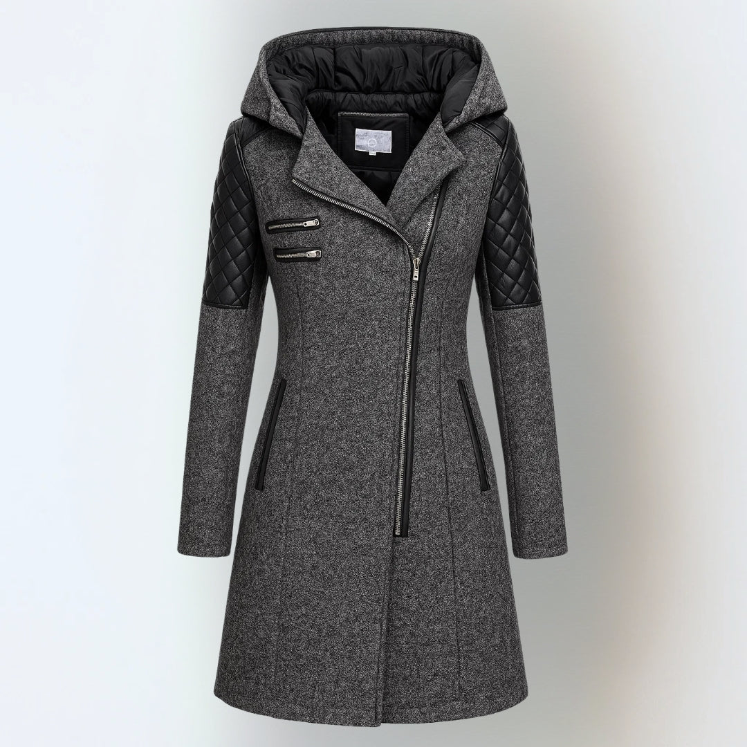 Women’s winter parka coat in dark gray with hood, front zipper, quilted black sleeves