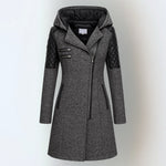 Women’s winter parka coat in dark gray with hood, front zipper, quilted black sleeves