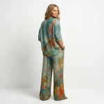 Floral georgette top and wide-leg pants set, teal and orange floral full view