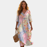 Floral midi dress with V-neck and 3/4 sleeves, gathered skirt, pastel multi-color print