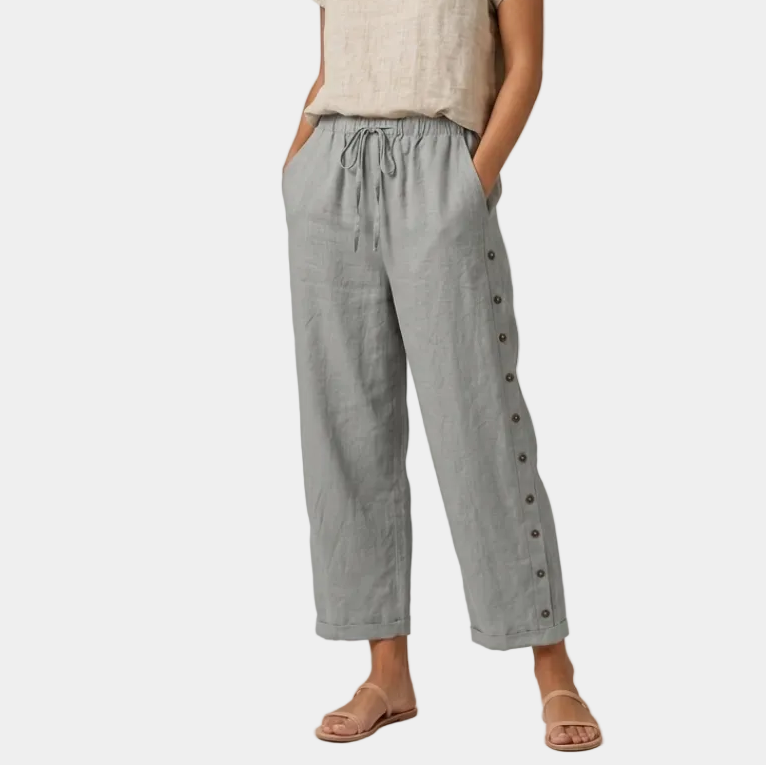 Dorin straight-leg trousers with drawstring elastic waist and side button detail, gray