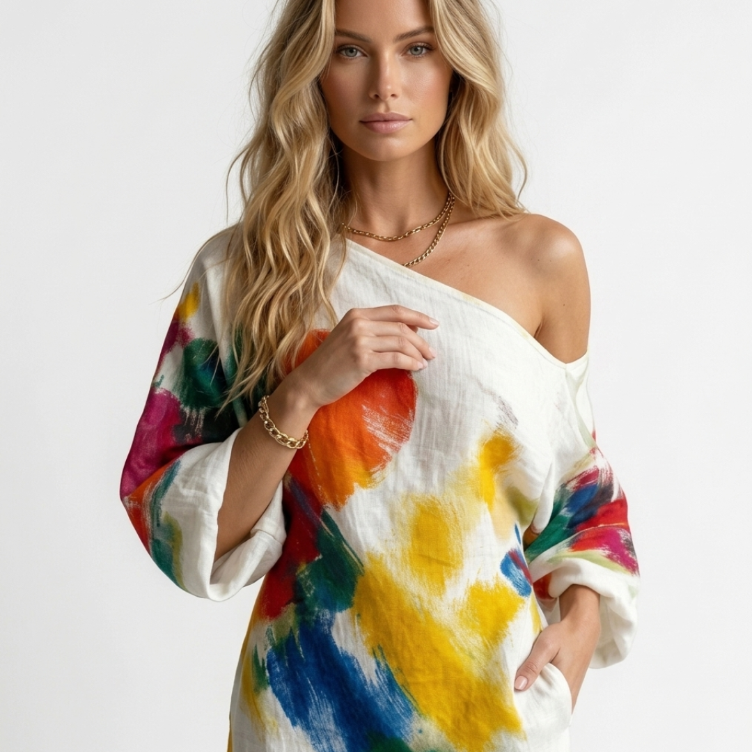 One-shoulder maxi dress close-up: white with multicolor abstract print, draped sleeve