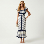 Retro maxi dress with blue-and-white striped body, square neckline, cap sleeves, ruffle hem