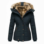 Women's winter puffer jacket, dark blue with tan faux-fur hood and button placket