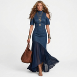 Blue denim long dress with cold-shoulder cutouts and sheer tulle maxi hem