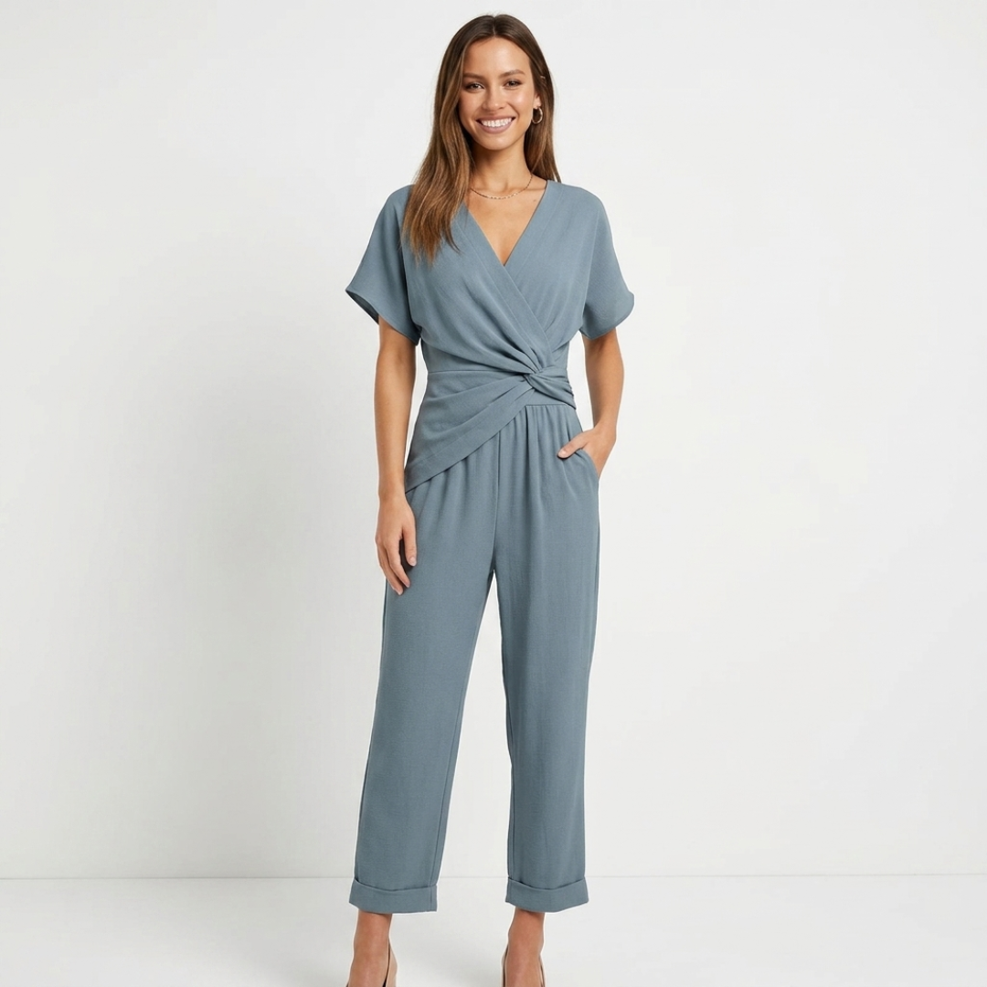 Two-piece lounge set in dusty blue: V-neck wrap top and wide-leg pants