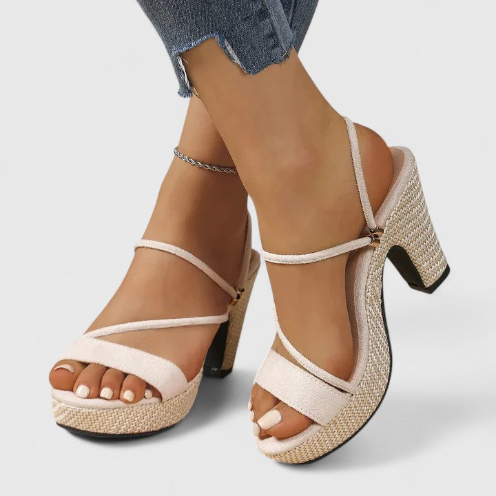 White orthopedic heeled sandals with ankle strap, cross over straps, block heel
