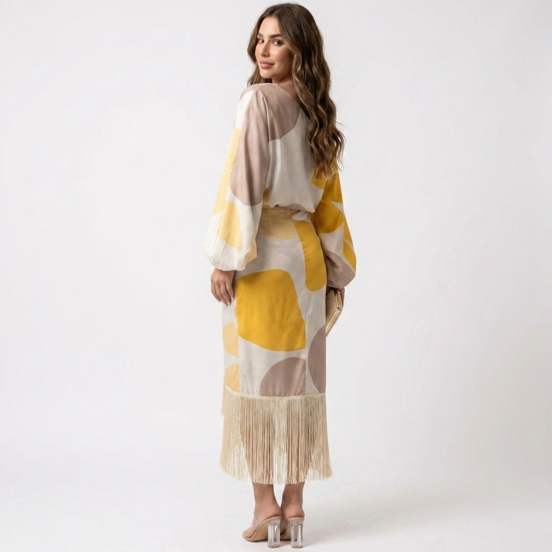 Women's satin-look midi dress with fringe hem, taupe and yellow geometric print