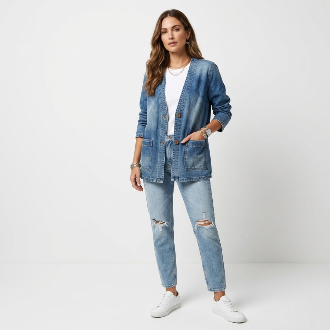 V-neck blue denim jacket with button closure and patch pockets, mid length