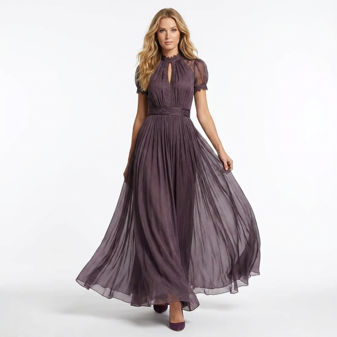 Long violet dress with deep V neckline, ruched bodice, short puff sleeves