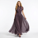 Long violet dress with deep V neckline, ruched bodice, short puff sleeves