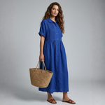 Blue cotton shirt dress, short sleeves, button front, gathered waist, midi length.