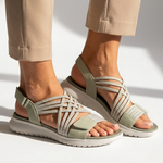 Kassandra orthopedic comfort sandals, green and white woven straps with cushioned sole