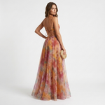 Multicolor floral long dress with spaghetti straps, open back tie, gathered waist, maxi skirt