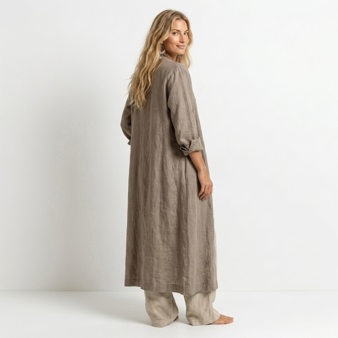 Women’s long olive-brown linen kimono with 3/4 sleeves over wide-leg pants