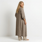 Women’s long olive-brown linen kimono with 3/4 sleeves over wide-leg pants