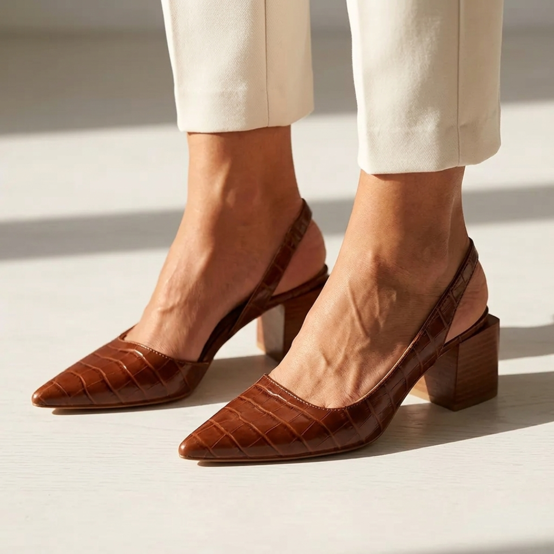 Marilena brown orthopedic slingback pumps with pointed toe and block heel