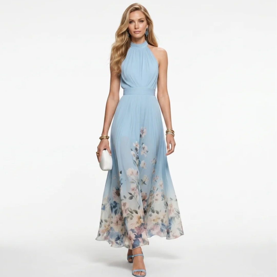 Blue halter midi dress with floral hem, pleated bodice, sleeveless