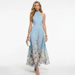 Blue halter midi dress with floral hem, pleated bodice, sleeveless