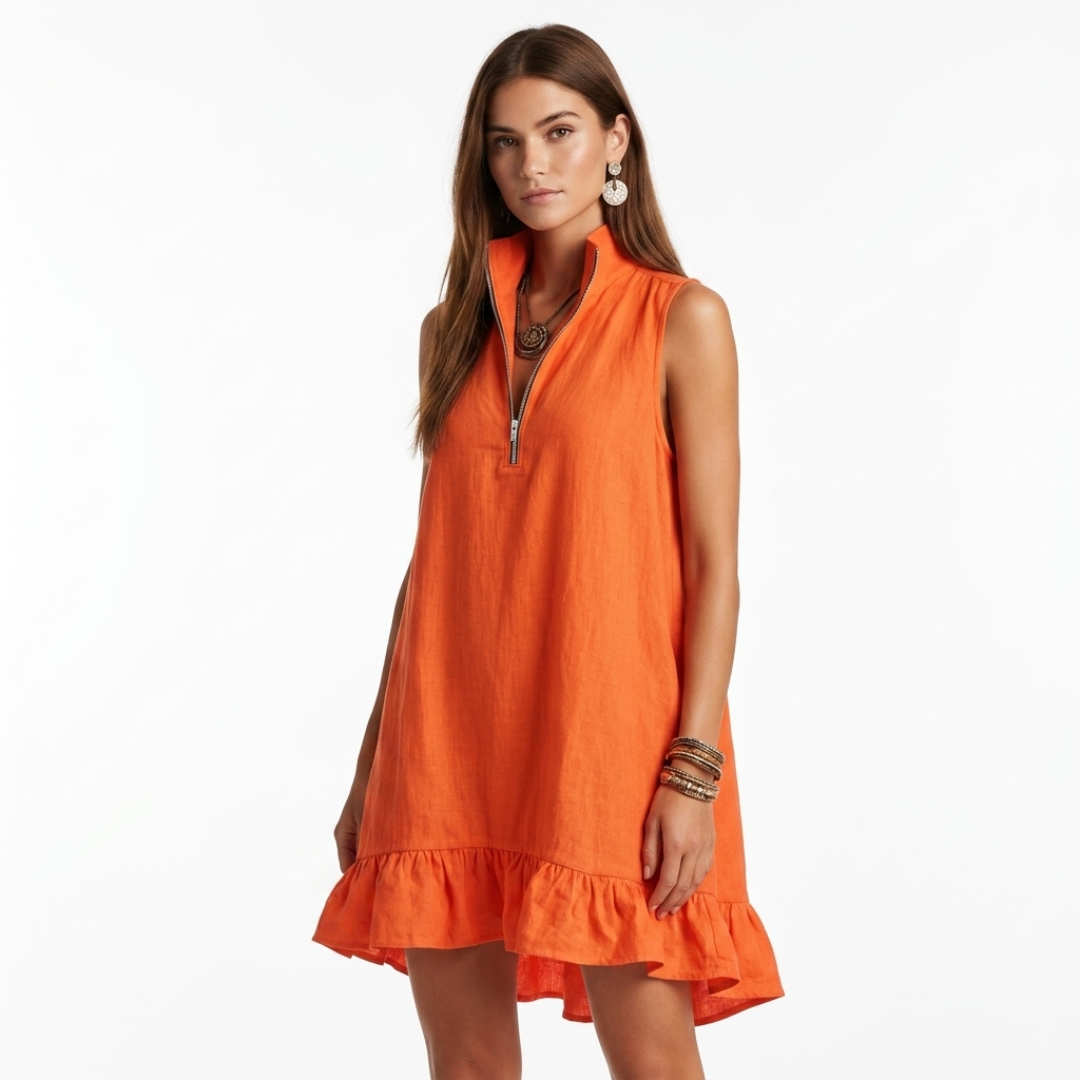 Georgiana short dress, sleeveless orange with quarter-zip and layered ruffle hem