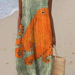 Green sleeveless midi dress with orange swirl pattern and round neckline