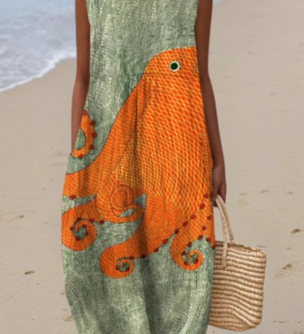 Green sleeveless midi dress with orange swirl pattern and round neckline