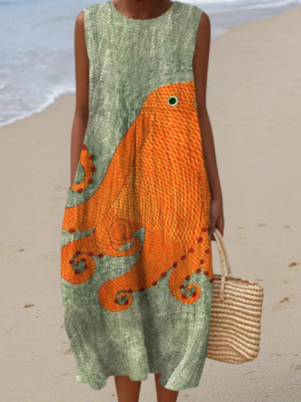 Green sleeveless midi dress with orange swirl pattern and round neckline