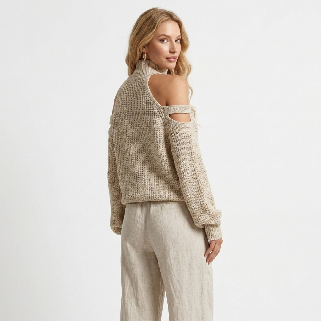Two-piece cold-shoulder knit sweater with cutout sleeves and drawstring pants, beige