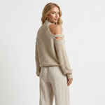 Two-piece cold-shoulder knit sweater with cutout sleeves and drawstring pants, beige