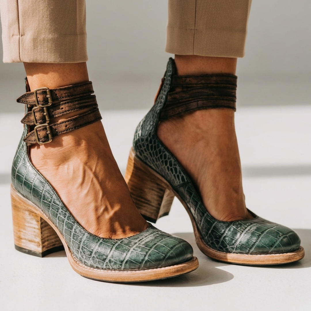 Green crocodile-pattern leather heeled ankle boots with two buckle straps and block heel