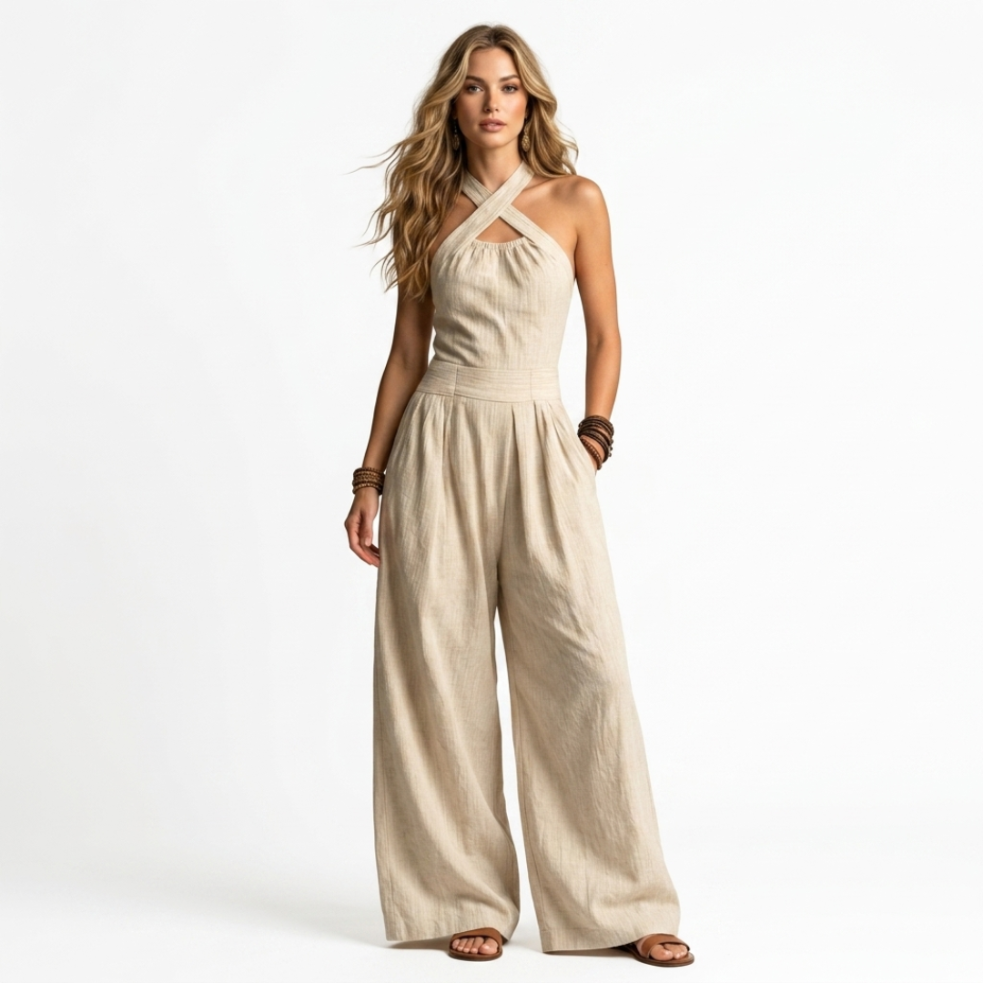 Eva cross-neck jumpsuit, beige halter with crossed straps, gathered bust and wide legs