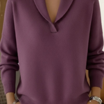 Purple V-neck knit sweater with long sleeves and ribbed cuffs and hem