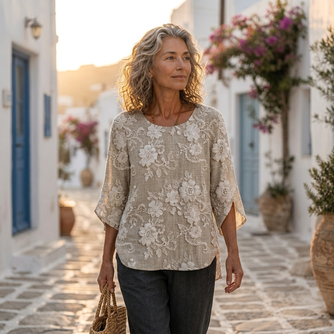 Printed floral top with scoop neck, lace-style allover print, beige