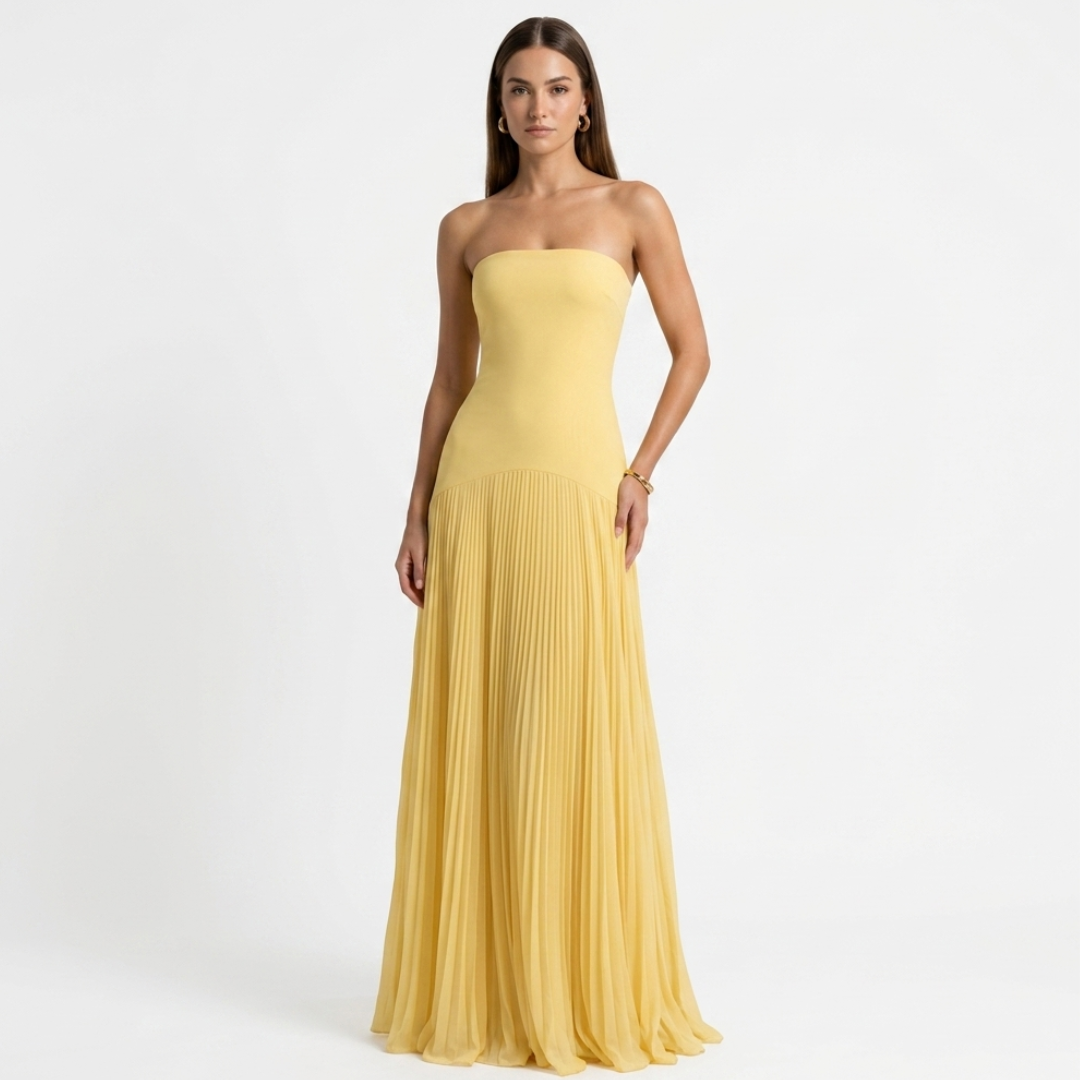 Yellow strapless maxi dress with pleated, gathered skirt