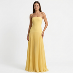 Yellow strapless maxi dress with pleated, gathered skirt