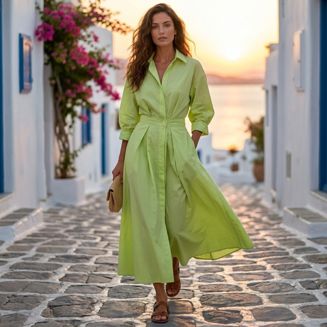 Lana cotton elegant dress with collar, lime green solid, long sleeves, tie waist