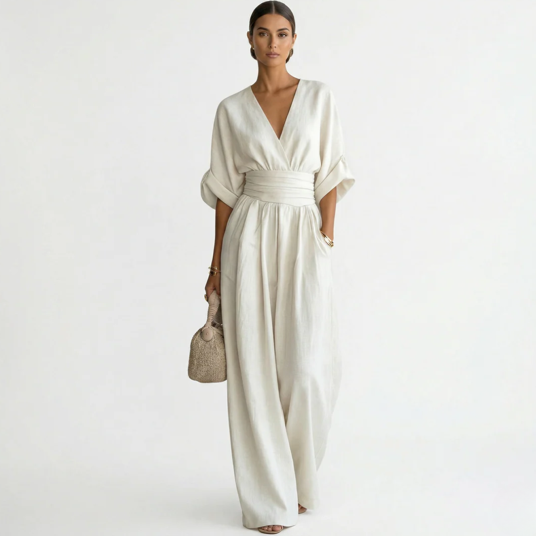 Ivory v-neck belted jumpsuit with gathered waist and wide-leg pants