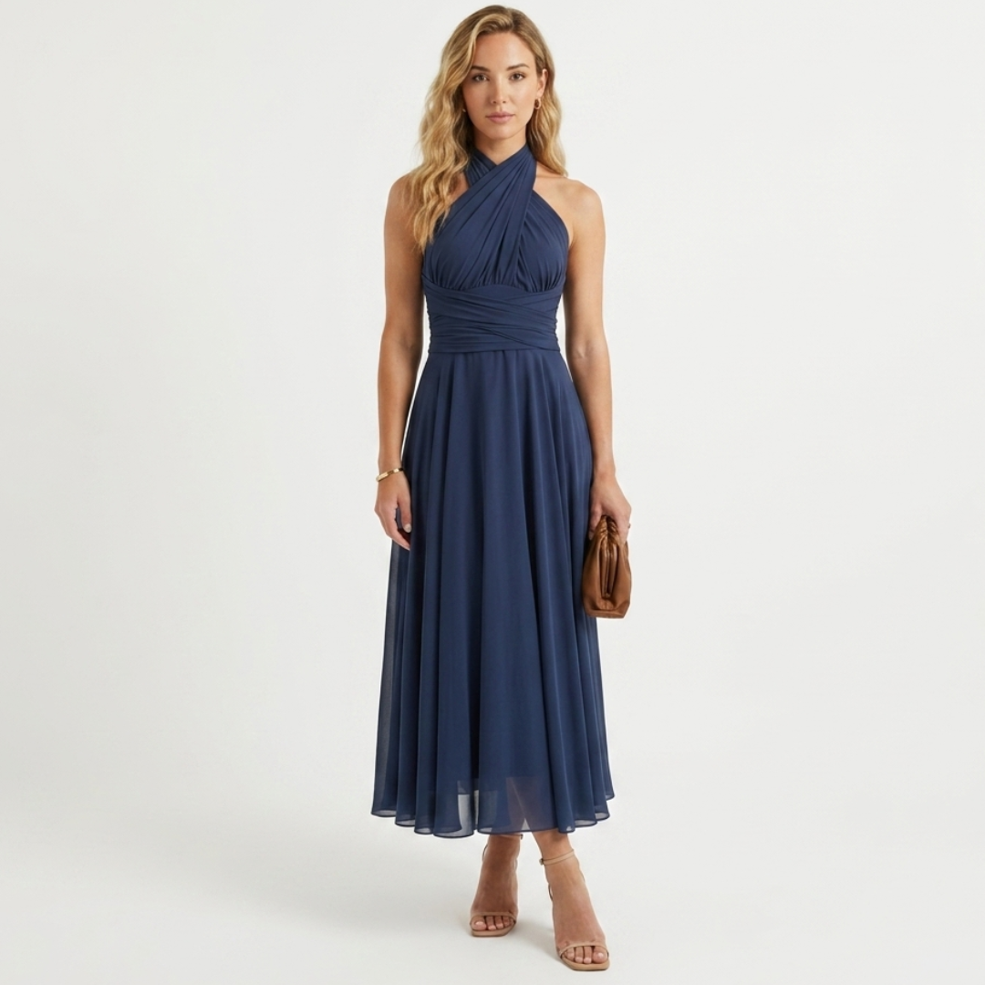 Navy halter midi dress with V-neck front and gathered waist