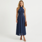 Navy halter midi dress with V-neck front and gathered waist