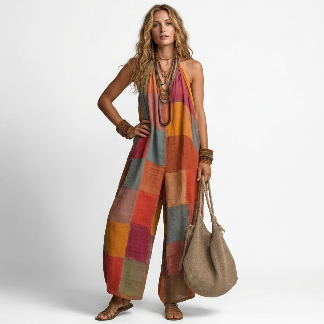 Patchwork plus-size sleeveless jumpsuit in orange, pink, and green with wide legs
