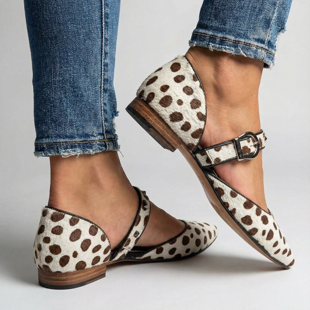 Leopard print Mary Jane flats with ankle strap buckle and low block heel