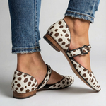 Leopard print Mary Jane flats with ankle strap buckle and low block heel